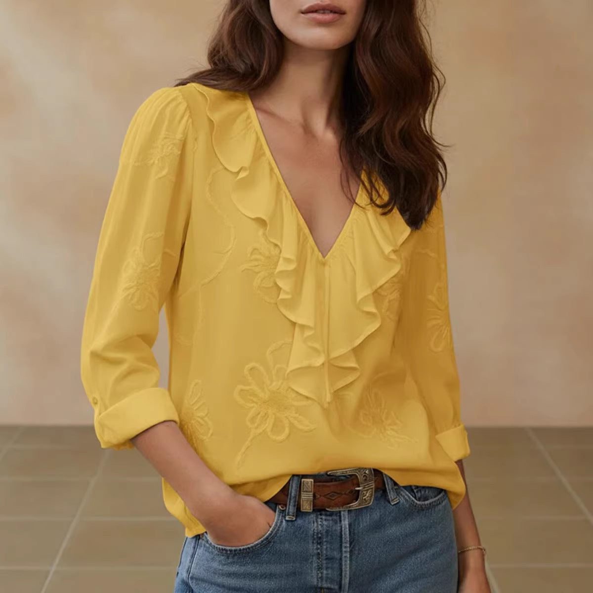 V-Hals Blouse met Bloemenborduuring voor Dames - View 4