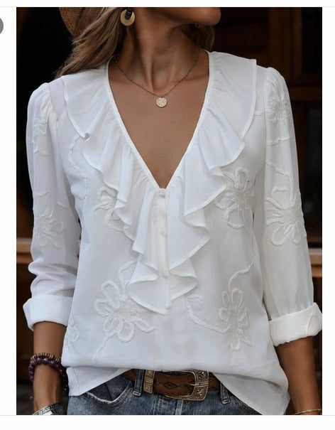 V-Hals Blouse met Bloemenborduuring voor Dames - Wit