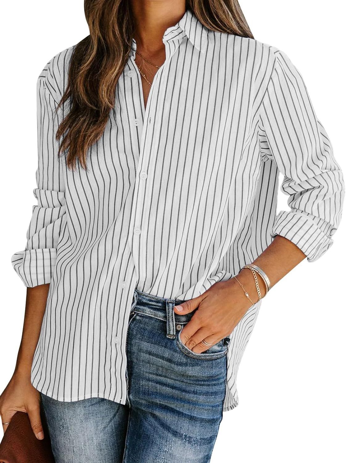 Gestreepte Blouse met Klassieke Kraag voor Dames - Wit