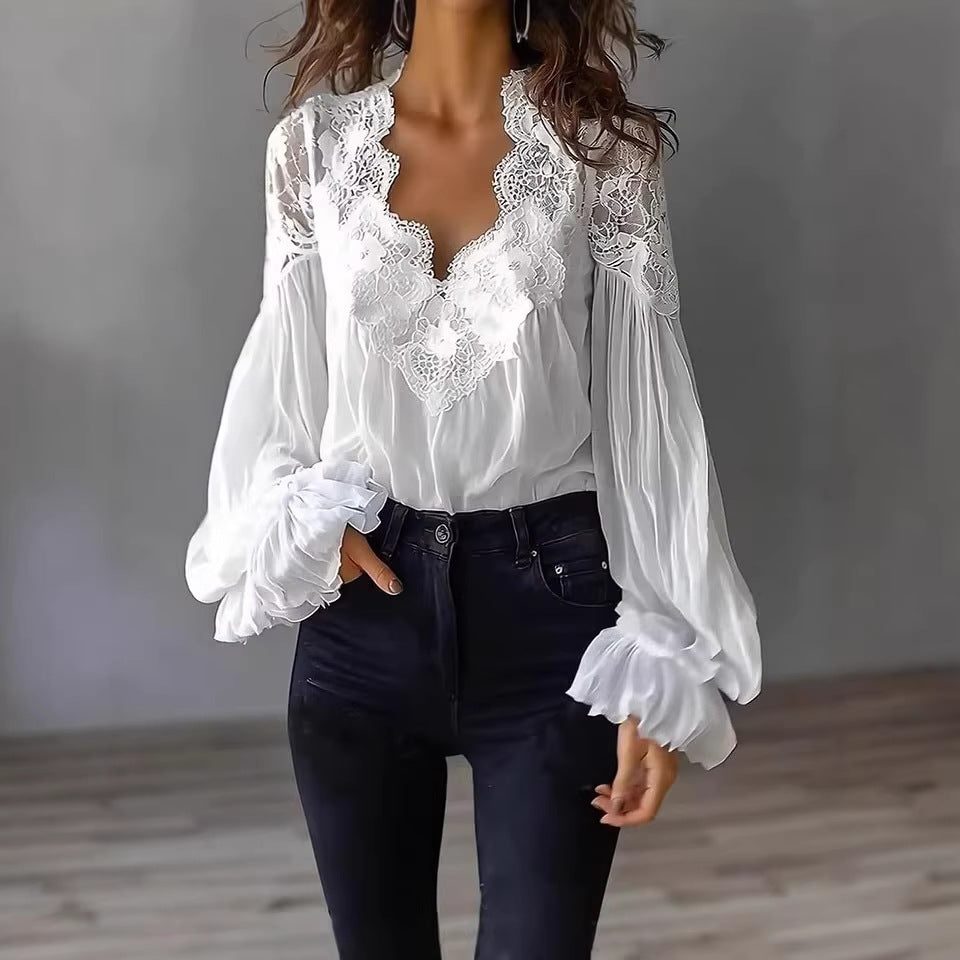 Blouse met Kant en Ruches Lange Mouwen voor Dames