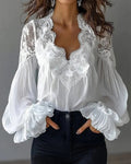 Blouse met Kant en Ruches Lange Mouwen voor Dames - Wit