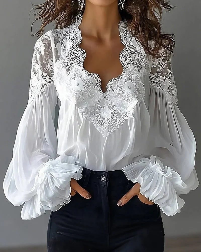 Blouse met Kant en Ruches Lange Mouwen voor Dames - Wit