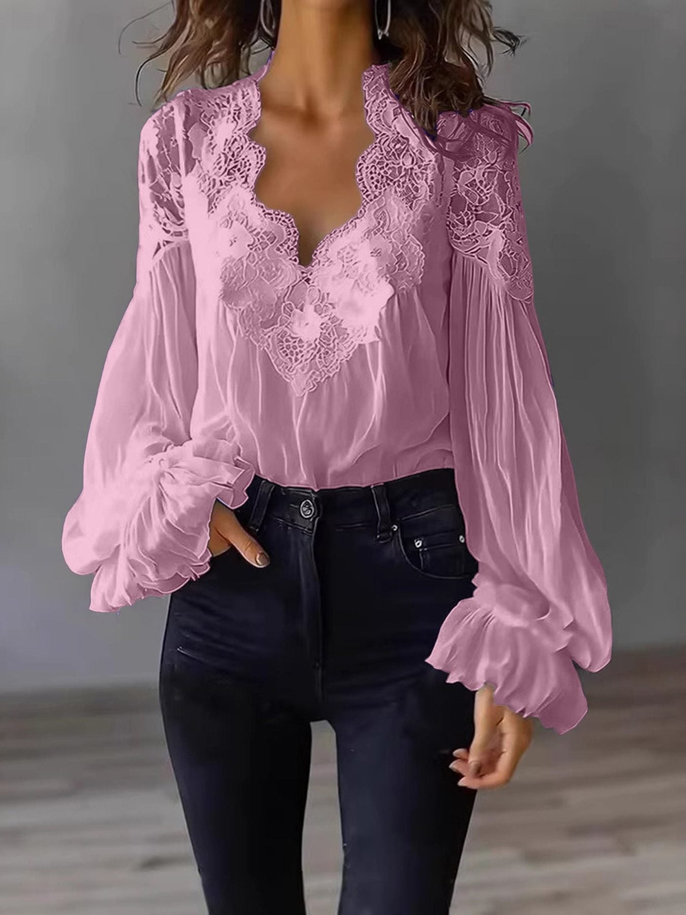 Blouse met Kant en Ruches Lange Mouwen voor Dames - Roze