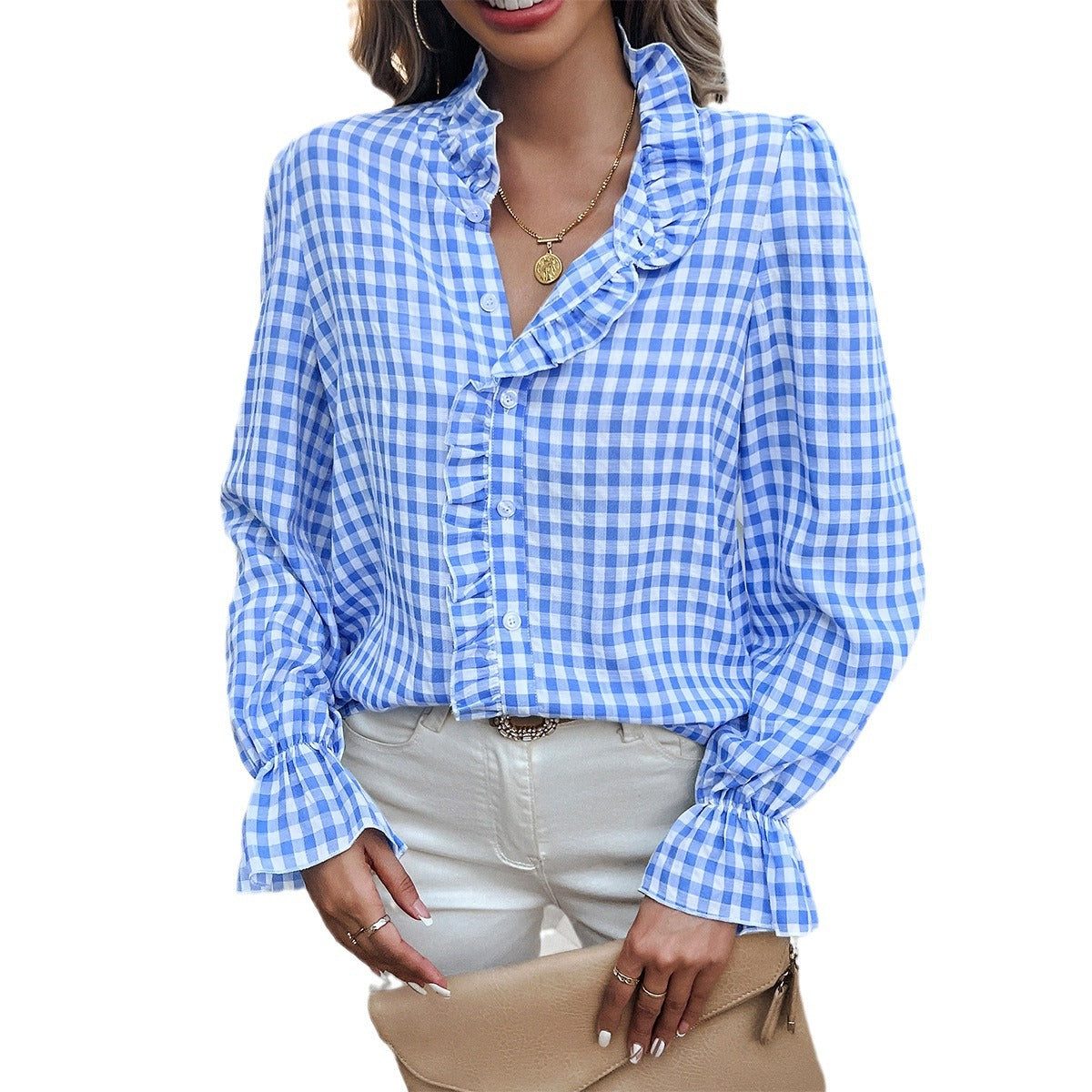 Gestreepte Blouse met Ruches en Knoopsluiting voor Dames - View 5