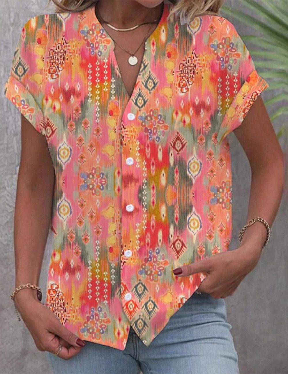 V-hals Blouse met Korte Mouwen voor Dames - Oranje