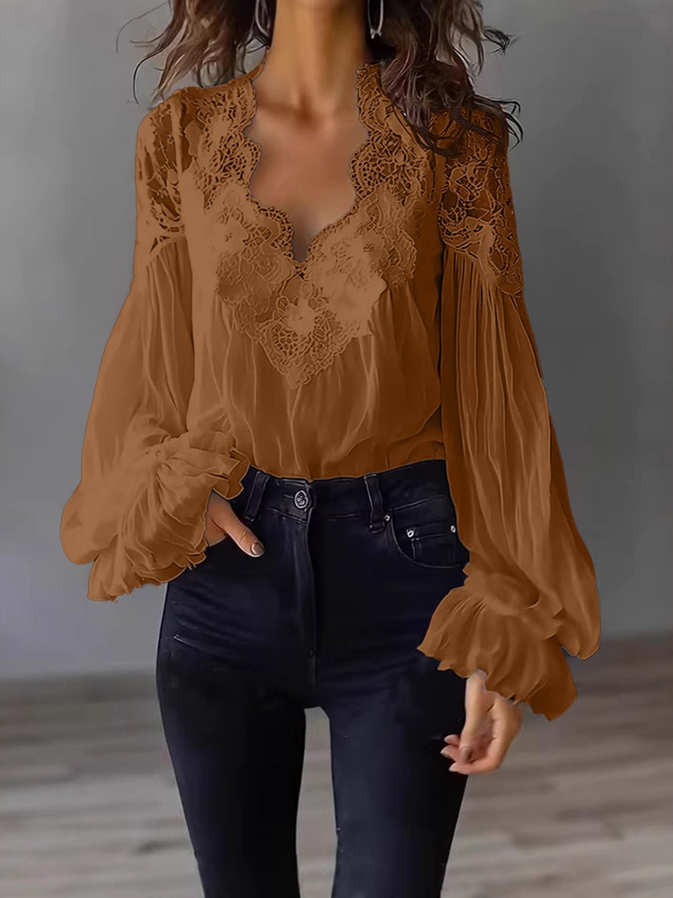 Blouse met Kant en Ruches Lange Mouwen voor Dames - Donkerbruin