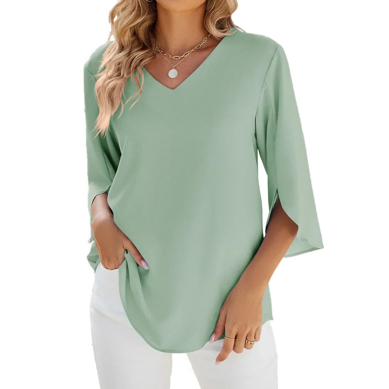V-Hals Blouse met 3/4 Mouwen voor Dames - Groen