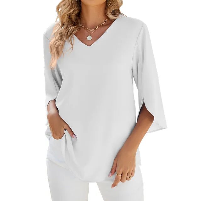 V-Hals Blouse met 3/4 Mouwen voor Dames - Wit