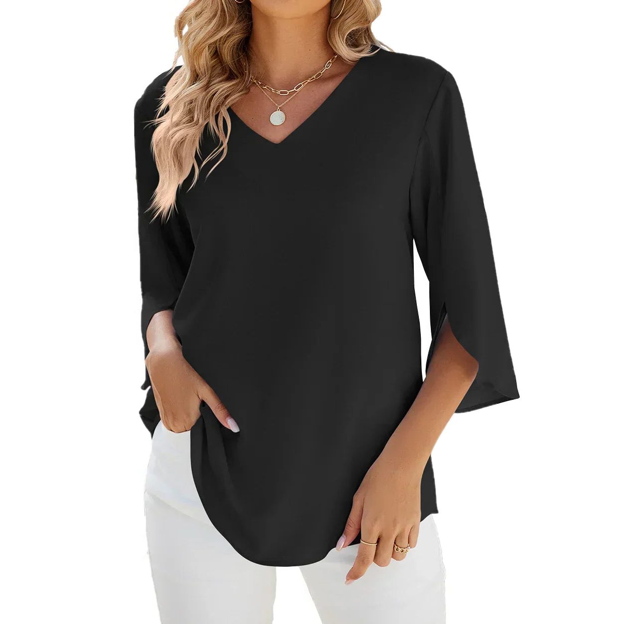 V-Hals Blouse met 3/4 Mouwen voor Dames - Zwart