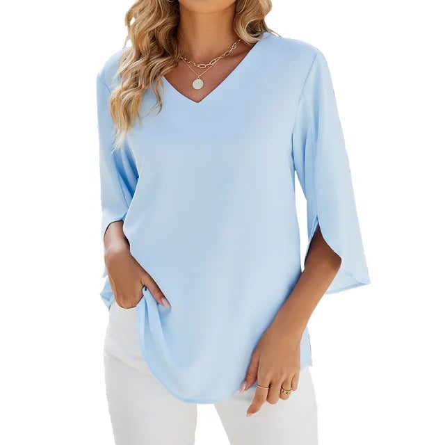 V-Hals Blouse met 3/4 Mouwen voor Dames - Blauw