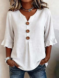 V-hals Blouse met Knoopsluiting en Ruffles voor Dames - Wit