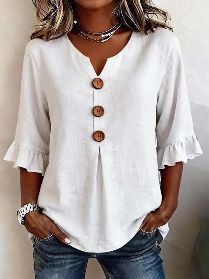 V-hals Blouse met Knoopsluiting en Ruffles voor Dames - Wit