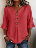 V-hals Blouse met Knoopsluiting en Ruffles voor Dames - Donkerroze