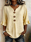 V-hals Blouse met Knoopsluiting en Ruffles voor Dames - Abrikoos