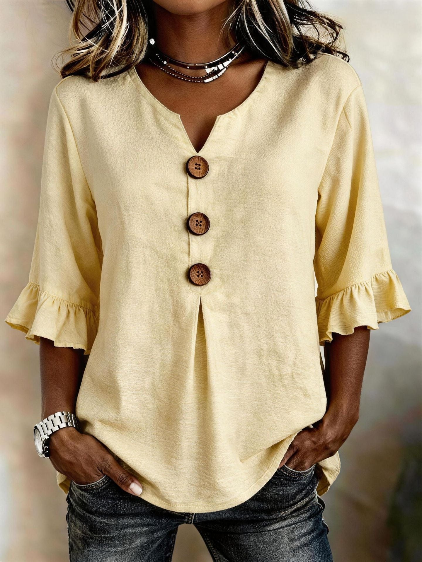 V-hals Blouse met Knoopsluiting en Ruffles voor Dames - Abrikoos