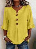 V-hals Blouse met Knoopsluiting en Ruffles voor Dames - Geel