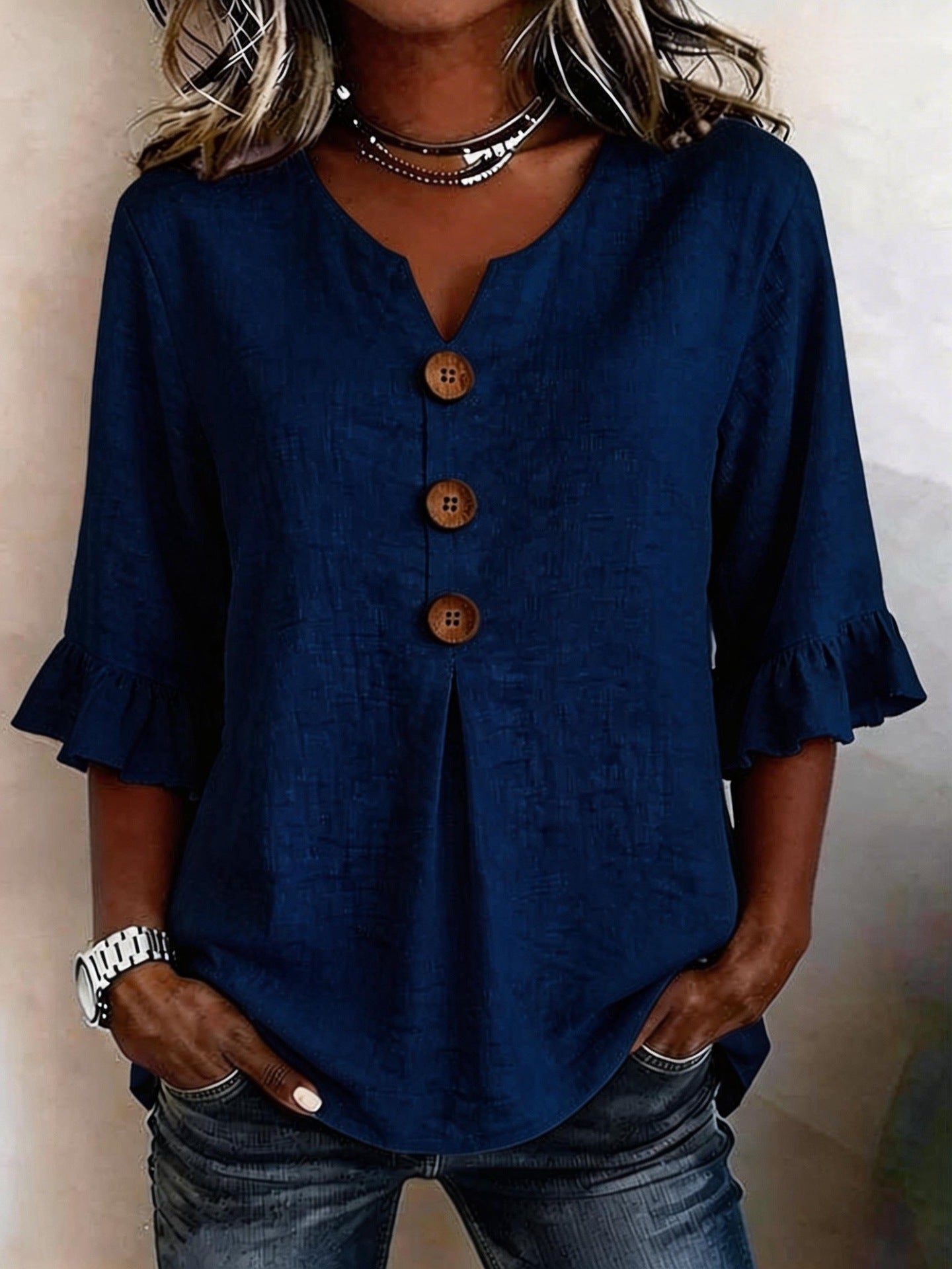 V-hals Blouse met Knoopsluiting en Ruffles voor Dames - Marineblauw