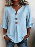 V-hals Blouse met Knoopsluiting en Ruffles voor Dames - Lichtblauw