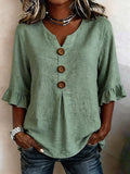 V-hals Blouse met Knoopsluiting en Ruffles voor Dames - Olijfgroen