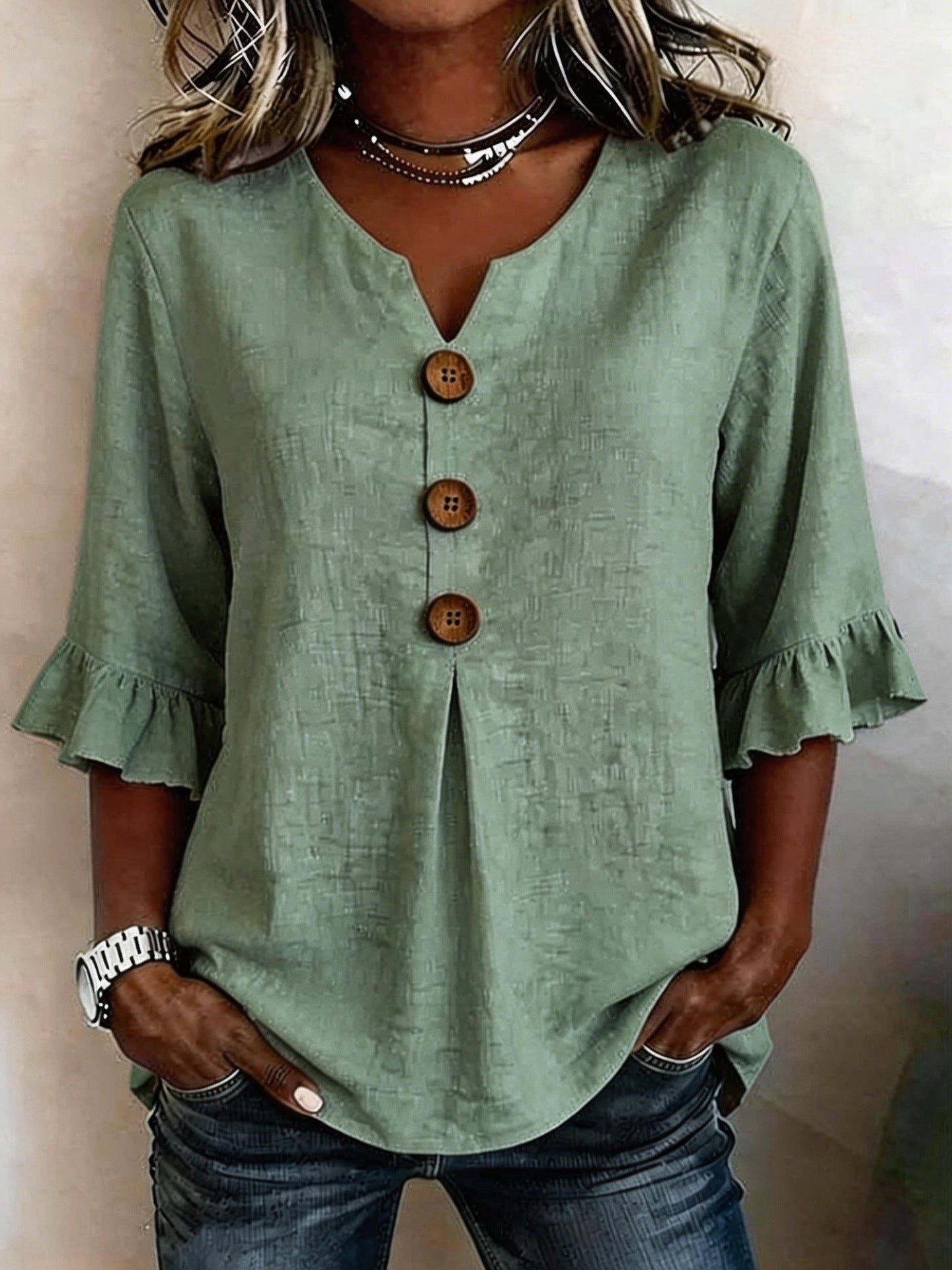 V-hals Blouse met Knoopsluiting en Ruffles voor Dames - Olijfgroen