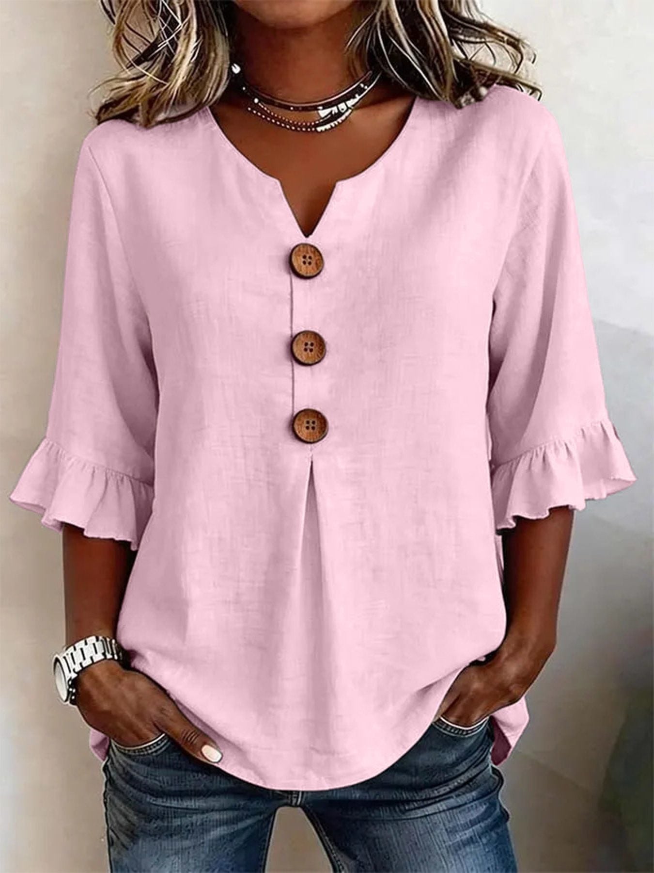 V-hals Blouse met Knoopsluiting en Ruffles voor Dames - Roze
