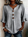 V-hals Blouse met Knoopsluiting en Ruffles voor Dames - Grijs