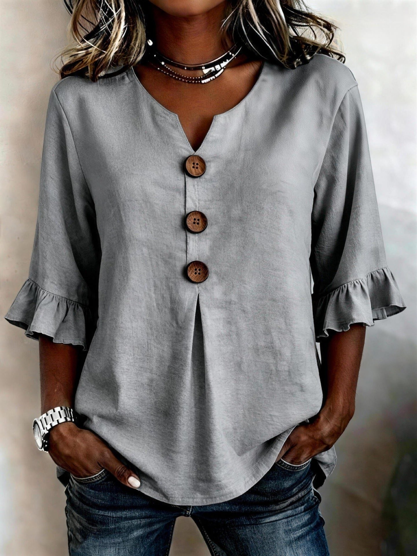 V-hals Blouse met Knoopsluiting en Ruffles voor Dames - Grijs