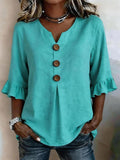 V-hals Blouse met Knoopsluiting en Ruffles voor Dames - Meer blauw