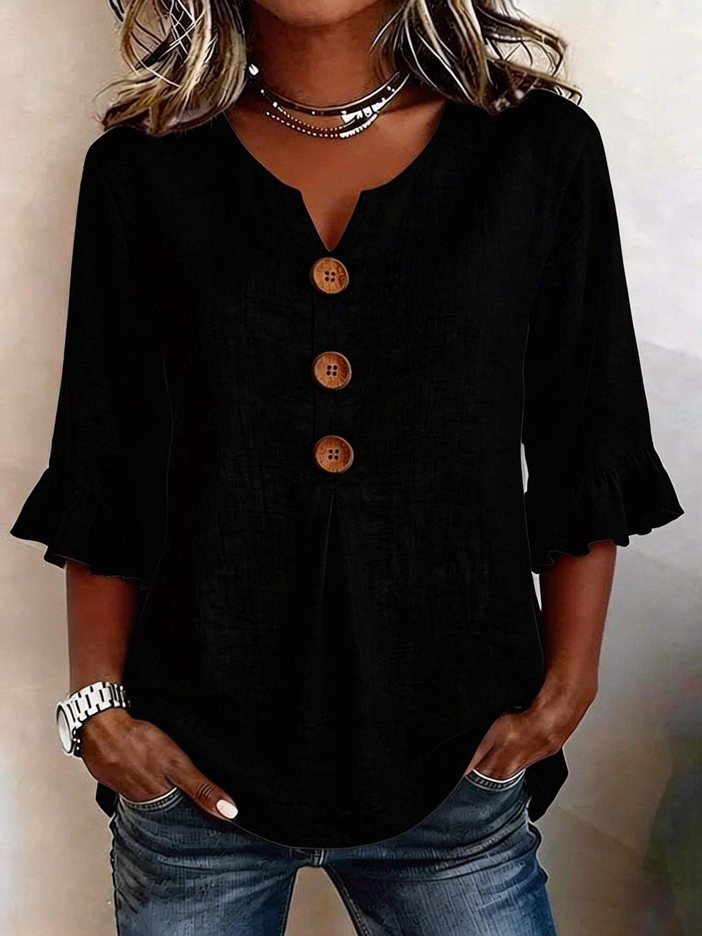 V-hals Blouse met Knoopsluiting en Ruffles voor Dames - Zwart