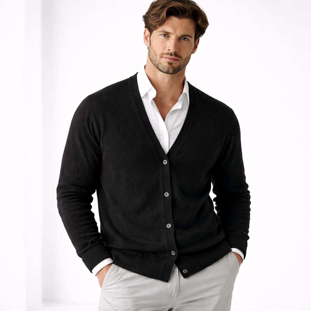 V-Hals Gebreide Cardigan met Knoopsluiting voor Heren - Zwart