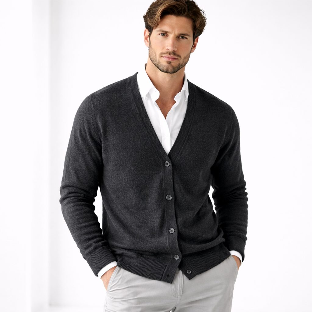 V-Hals Gebreide Cardigan met Knoopsluiting voor Heren - Donkergrijs