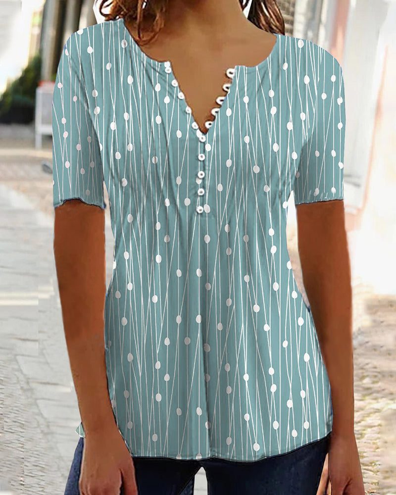 V-Hals Gestreept T-Shirt met Knoopsluiting voor Dames - Groen