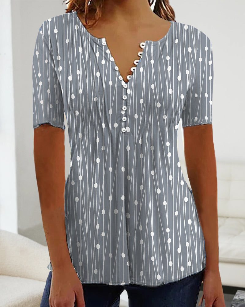 V-Hals Gestreept T-Shirt met Knoopsluiting voor Dames