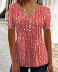 V-Hals Gestreept T-Shirt met Knoopsluiting voor Dames - Rood