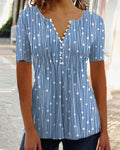 V-Hals Gestreept T-Shirt met Knoopsluiting voor Dames - Blauw