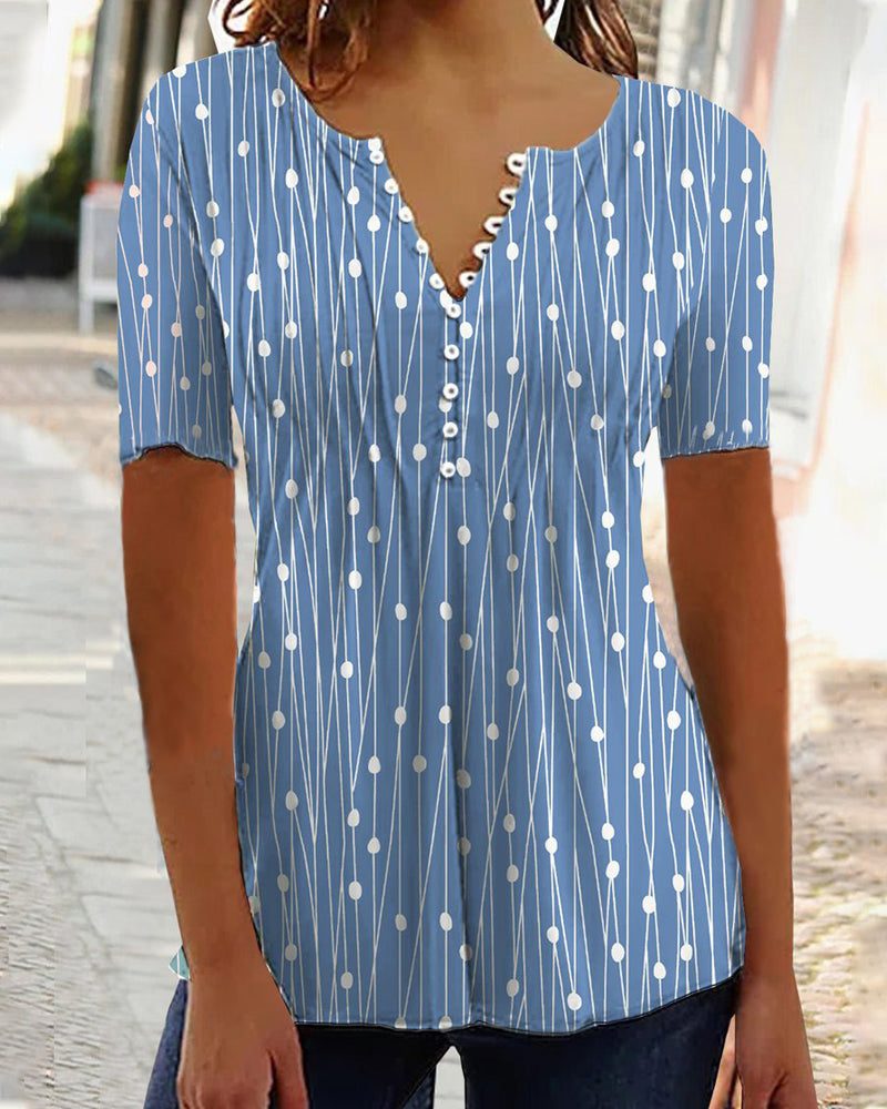 V-Hals Gestreept T-Shirt met Knoopsluiting voor Dames - Blauw