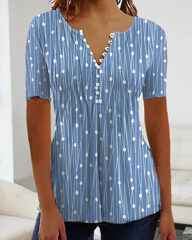 V-Hals Gestreept T-Shirt met Knoopsluiting voor Dames
