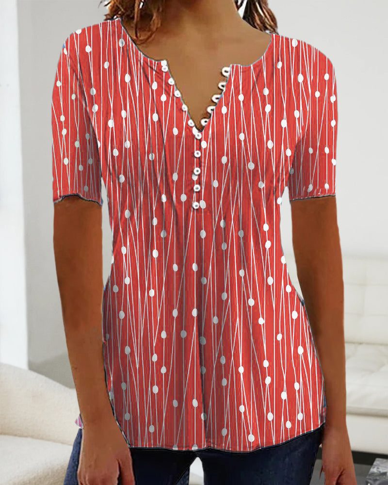 V-Hals Gestreept T-Shirt met Knoopsluiting voor Dames - View 3