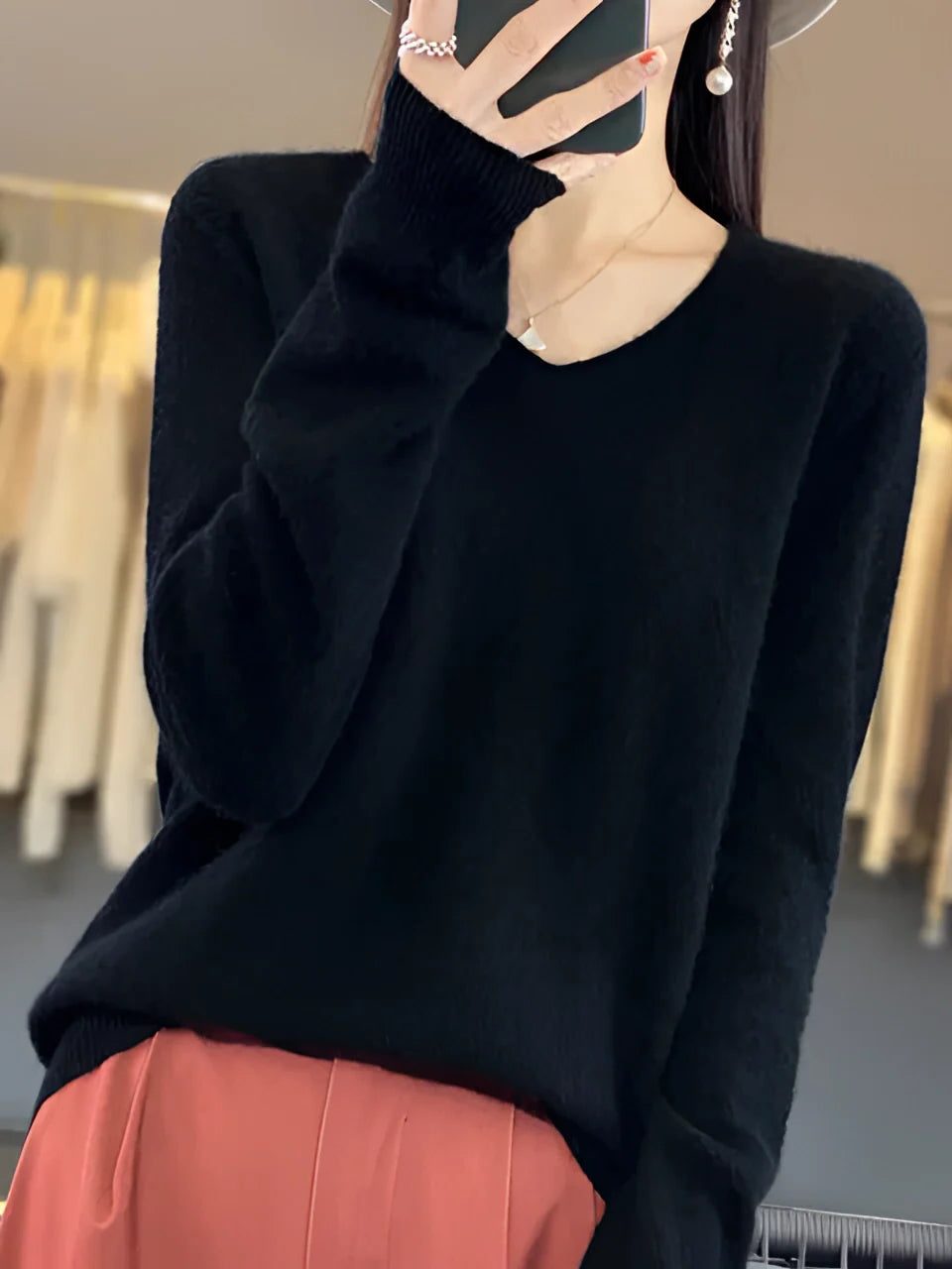 V-Hals Kasjmier Trui voor Dames - Black