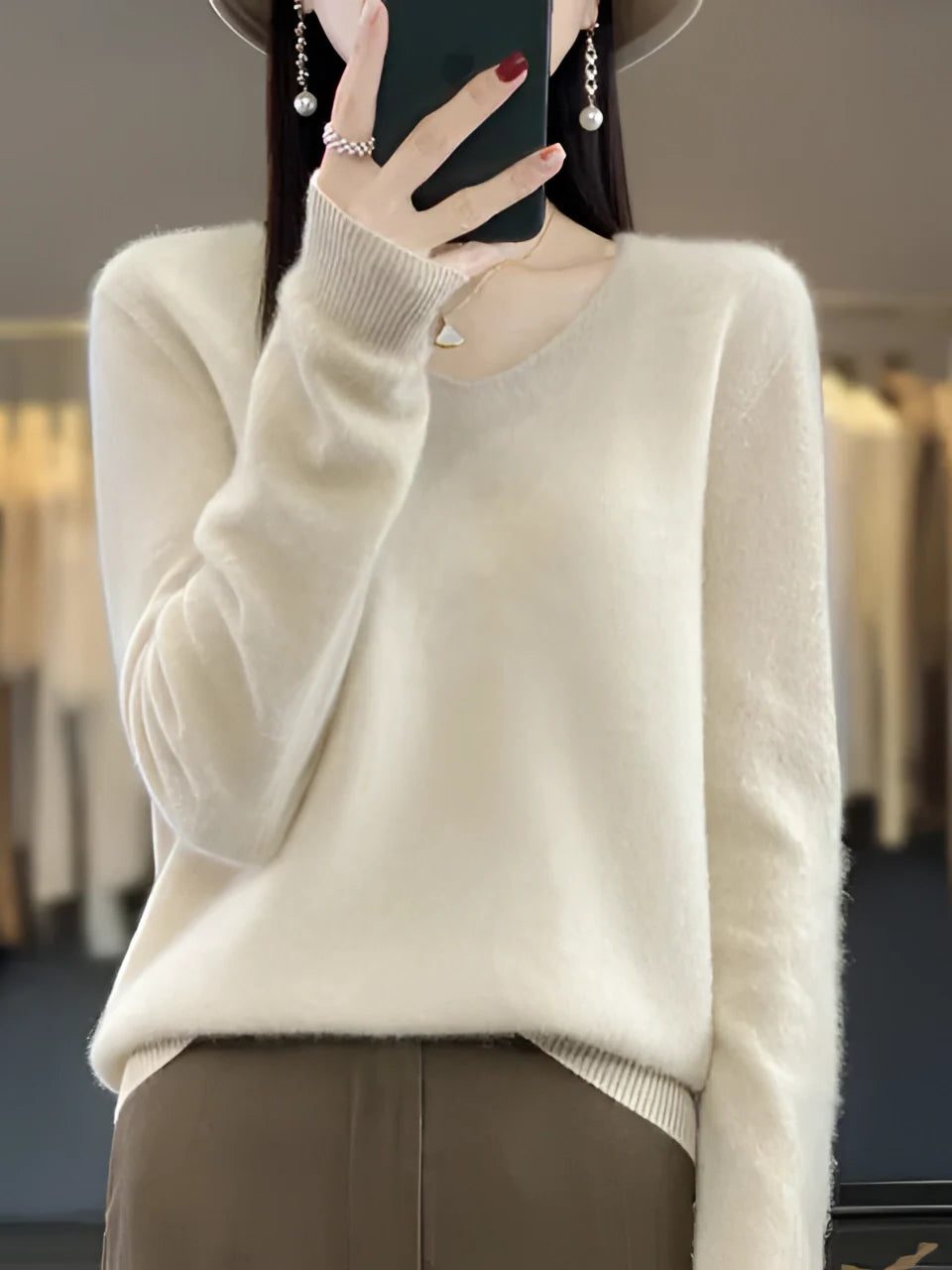 V-Hals Kasjmier Trui voor Dames - Beige