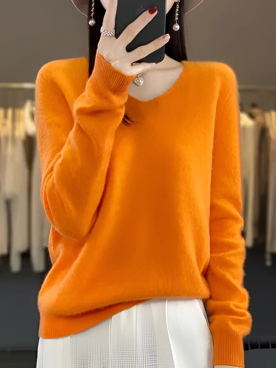 V-Hals Kasjmier Trui voor Dames - Orange