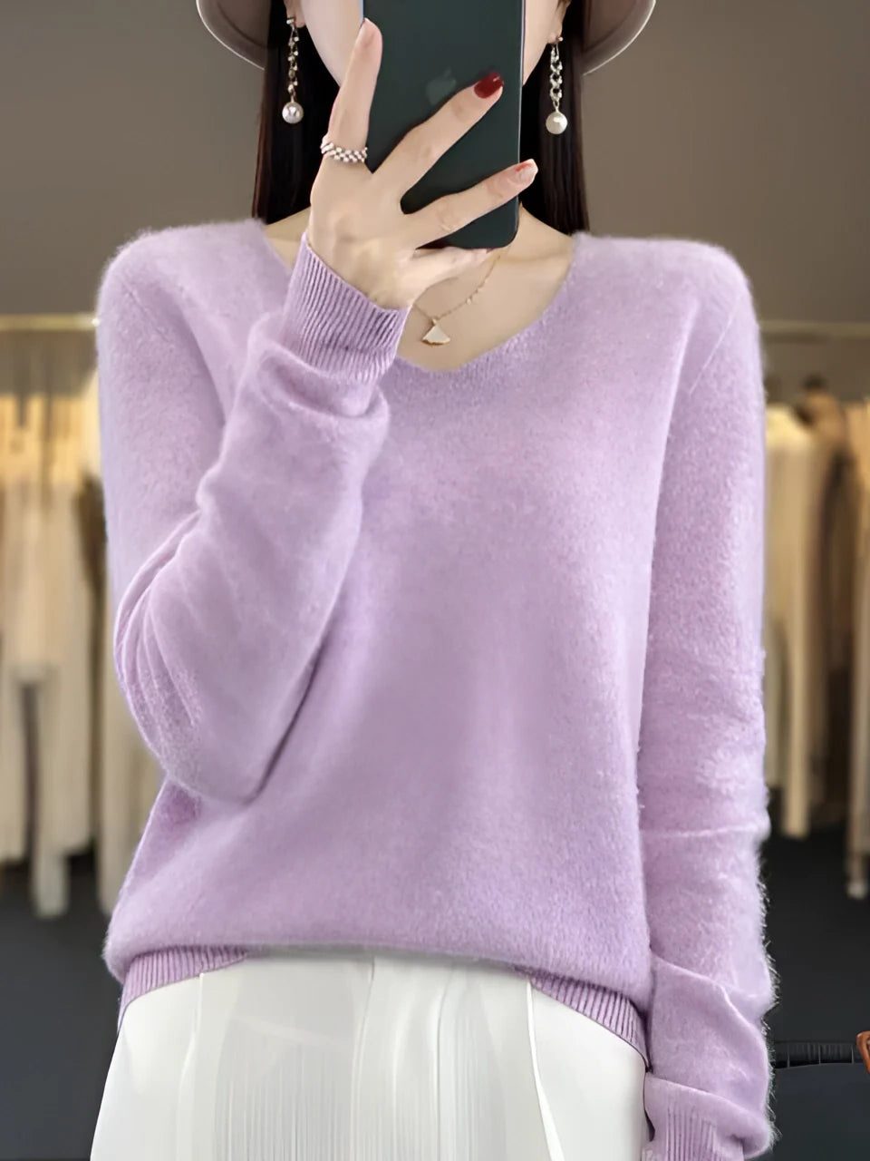 V-Hals Kasjmier Trui voor Dames - Purple
