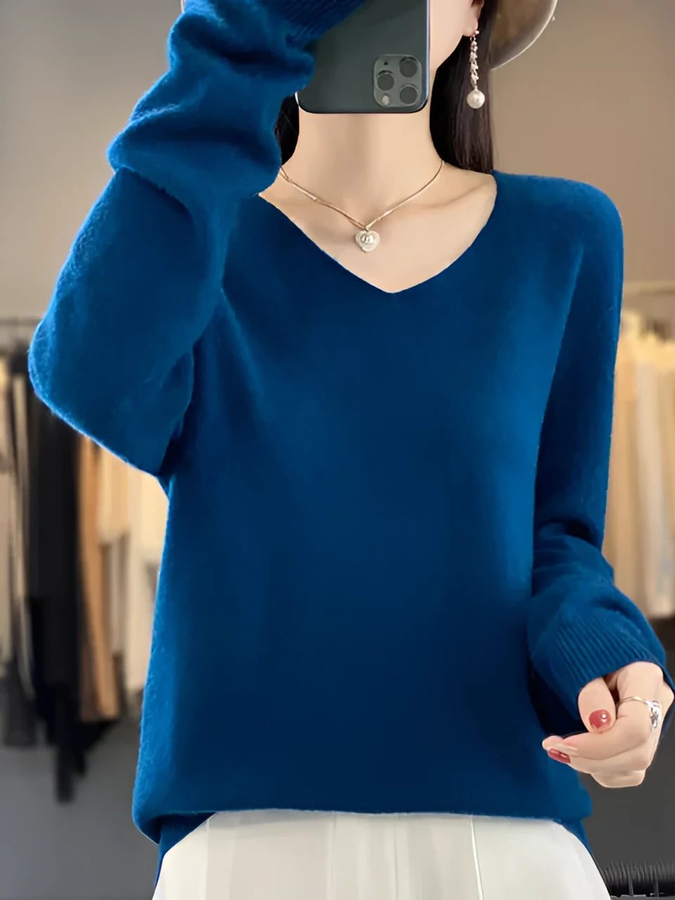 V-Hals Kasjmier Trui voor Dames - Marine blue