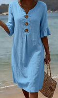 V-Hals Linnen Jurk met Knoopsluiting voor Dames - Blauw