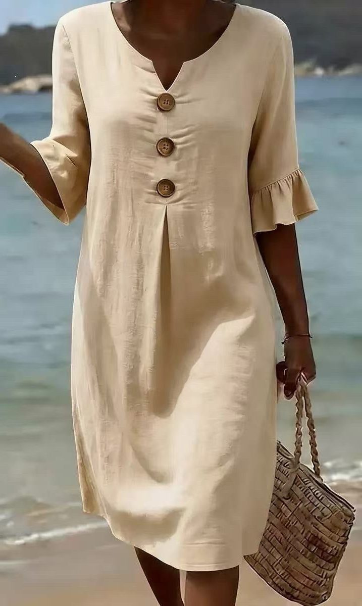 V-Hals Linnen Jurk met Knoopsluiting voor Dames - Khaki