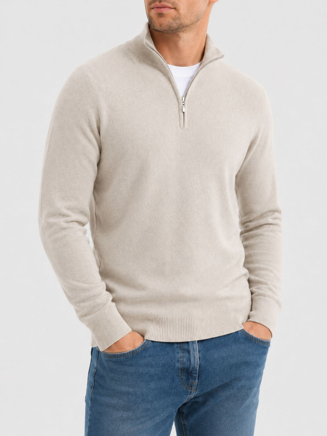V-Hals Merino Wollen Trui met Rits voor Heren