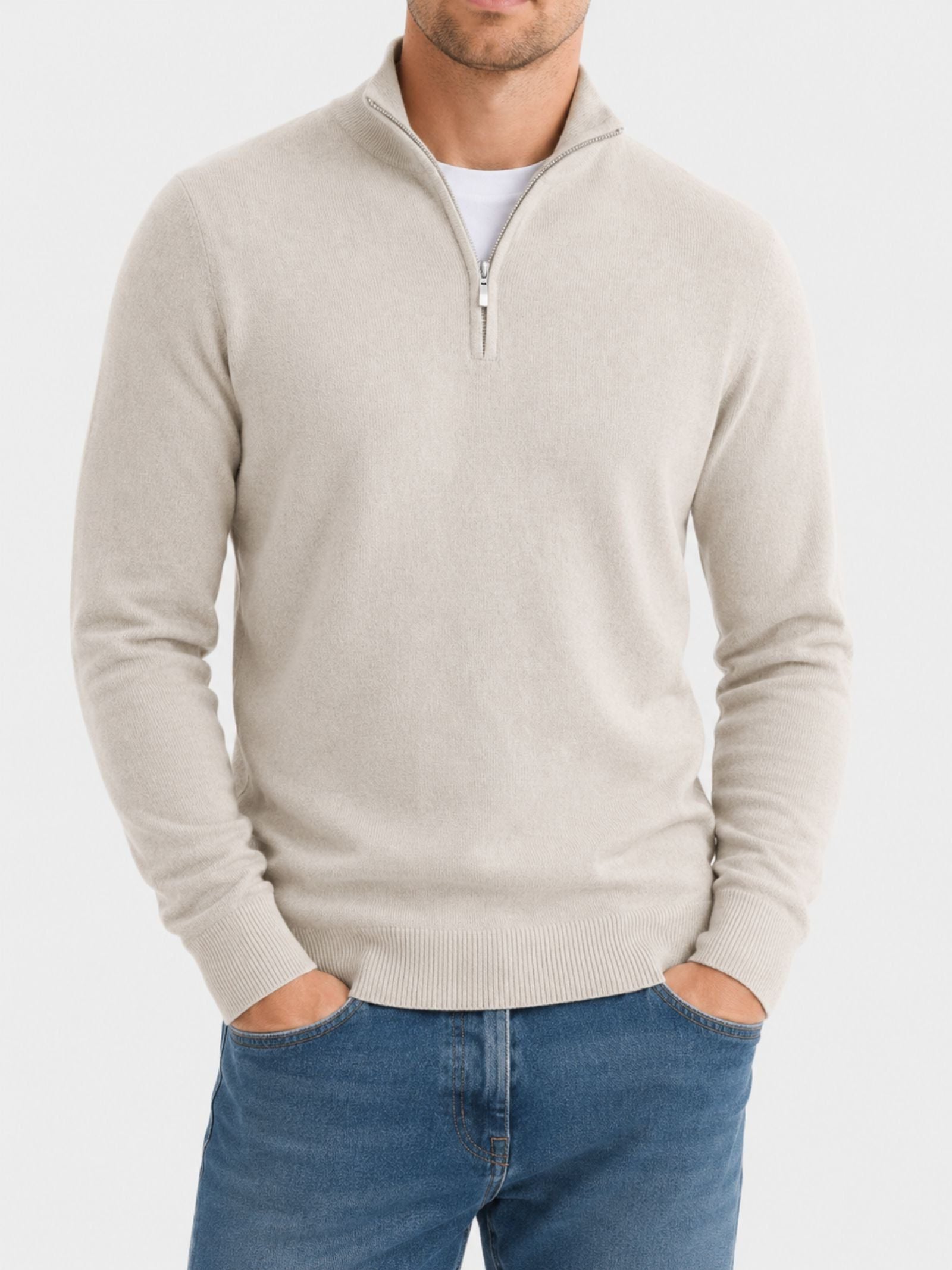 V-Hals Merino Wollen Trui met Rits voor Heren - View 3