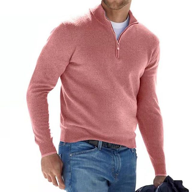 V-Hals Merino Wollen Trui met Rits voor Heren - Roze