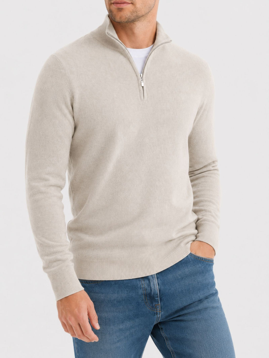V-Hals Merino Wollen Trui met Rits voor Heren