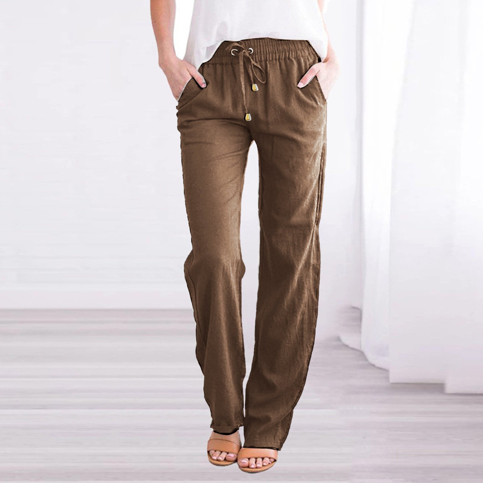 Linnen Wijde Broek met Elastische Taille voor Dames